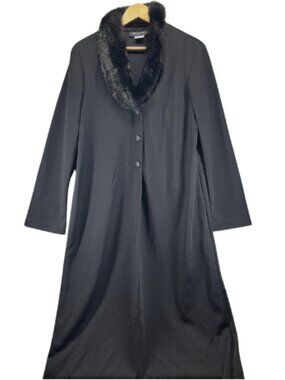 Connected Apparel Black Long Lightweight Coat Button Front Faux Fur Collar sz 12